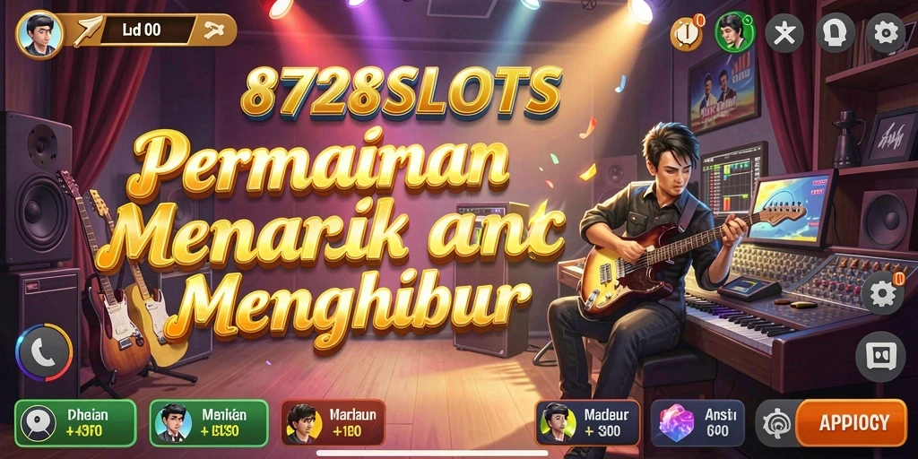 Screenshot gameplay 8728SLOTS yang menunjukkan putaran slot yang penuh musik.