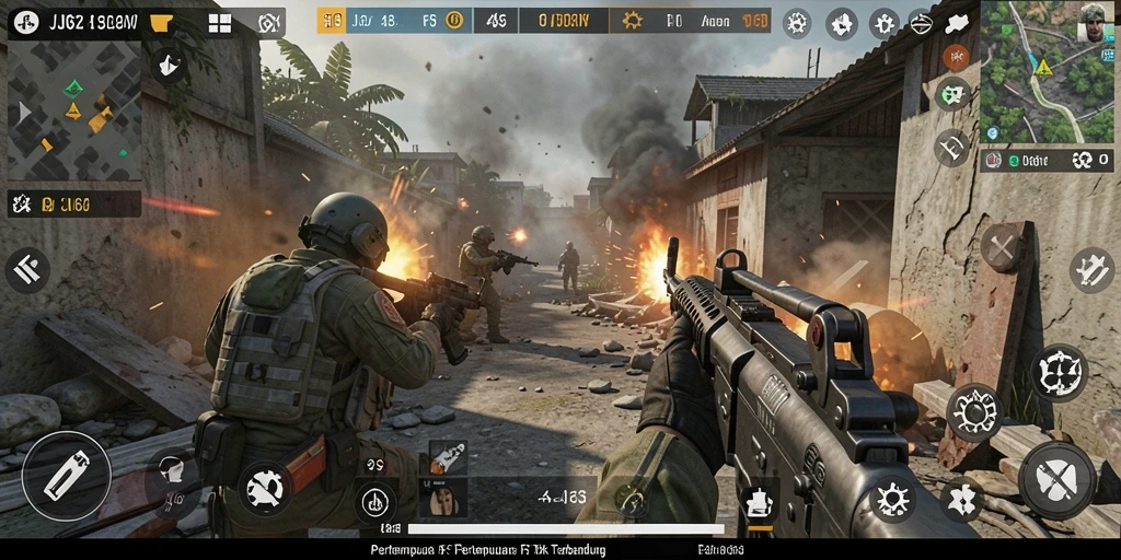 Tampilan gameplay mendebarkan dalam pertempuran FPS JJ62.