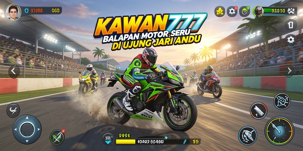 Screenshot gameplay KAWAN777 menampilkan balapan motor yang mendebarkan.