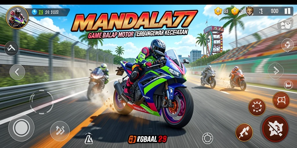 Tampilan gameplay MANDALA77 yang penuh aksi saat balapan motor.