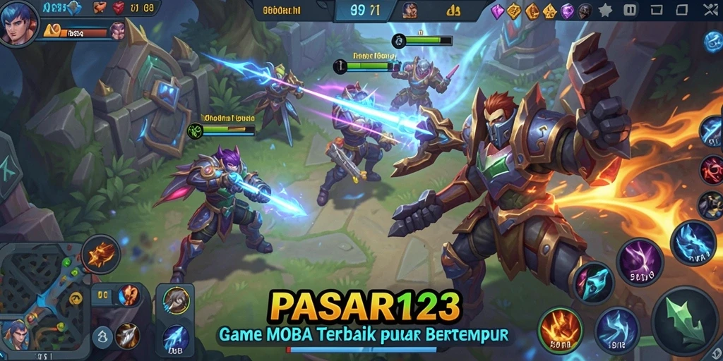 Screenshot utama PASAR123 menampilkan pertarungan epik di arena MOBA.