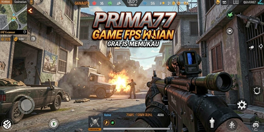 Menampilkan aksi menembak seru dalam gameplay PRIMA77.